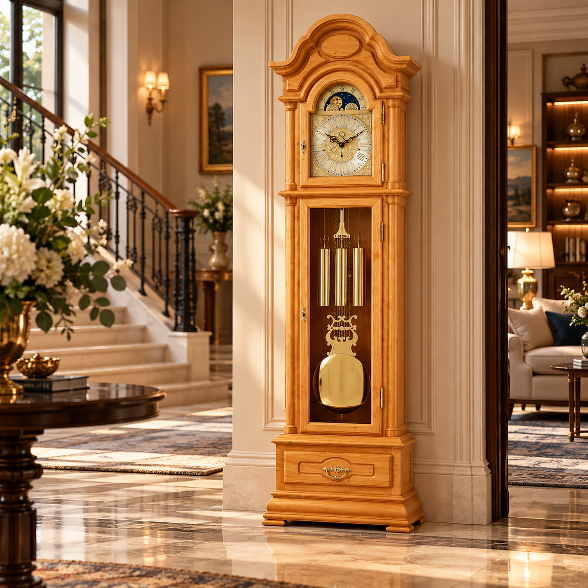AstraDesign light wood grandfather clock with brass pendulum and classic dial