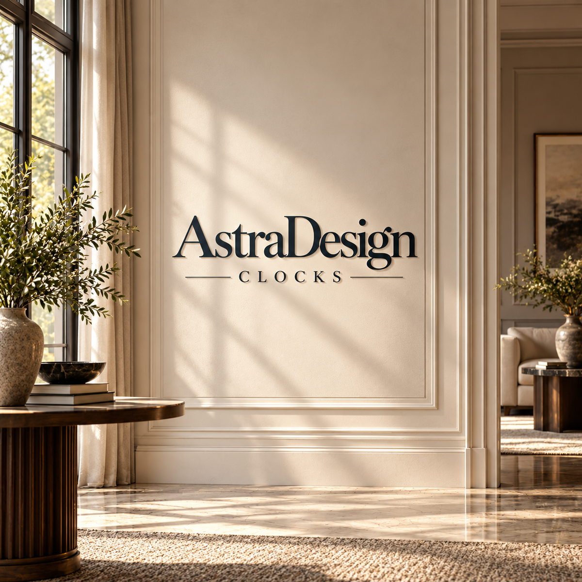 AstraDesign Clocks logo in a refined modern classic interior