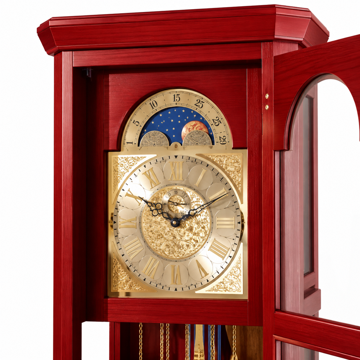 Astra Design AD210-04R Standuhr „Rheingold“ aus roter Eiche im Originalton englischer Telefonzellen