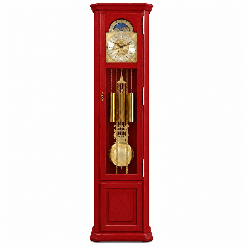 Astra Design AD210-04R Standuhr „Rheingold“ aus roter Eiche im Originalton englischer Telefonzellen