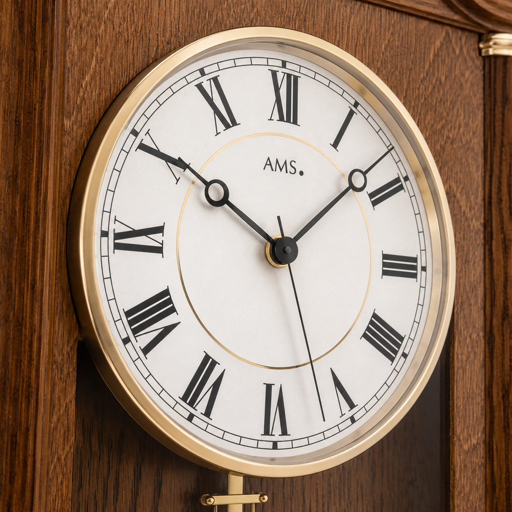 AMS F5014-4 Pendulum Radio Wall Clock with Oak Wood Case and Chime