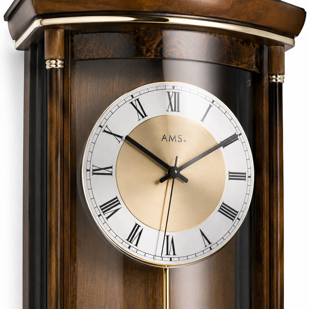 AMS F5080-1 Radio-Controlled Pendulum Wall Clock with Solid Walnut and Burr Wood Piano Finish