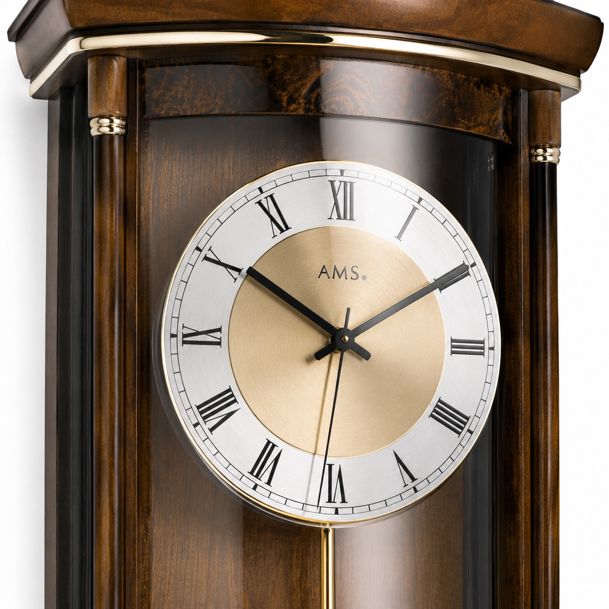 AMS F5080-1 Radio-Controlled Pendulum Wall Clock with Solid Walnut and Burr Wood Piano Finish