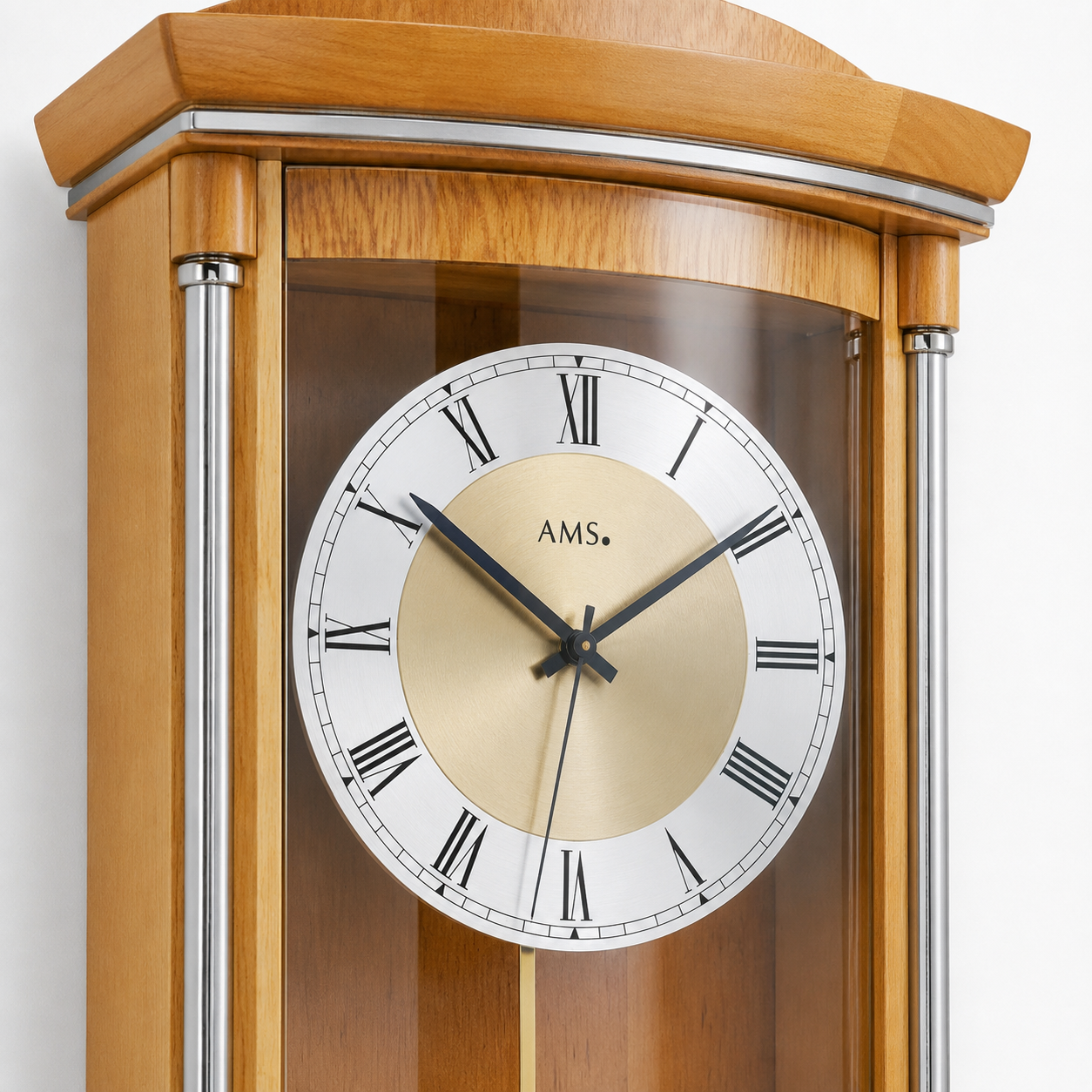 AMS F5080-16 Pendulum Radio-Controlled Wall Clock with Solid Alder Wood and Burr Wood Piano Finish