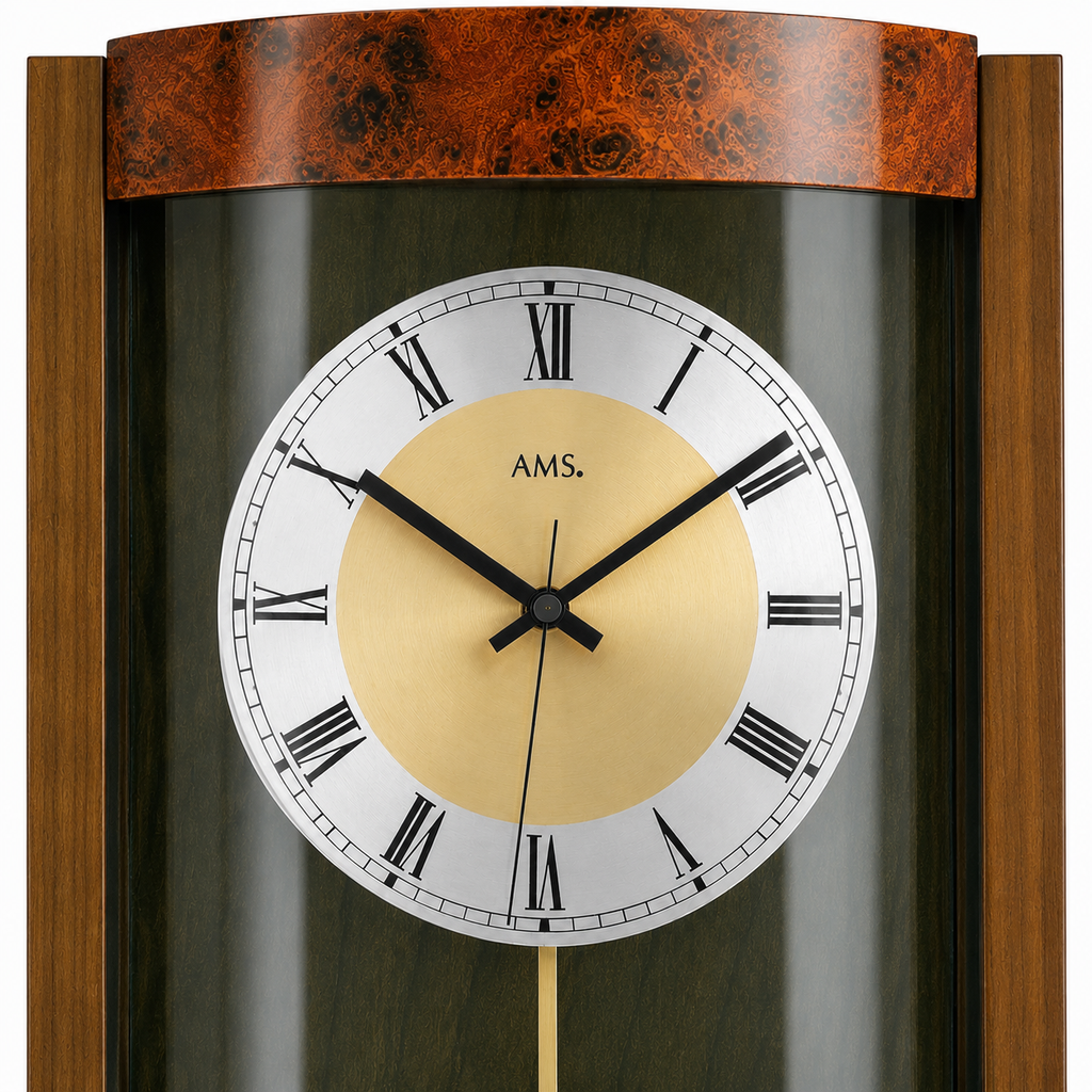 AMS F5087-1 Pendulum Radio Wall Clock with Solid Walnut and Burr Wood Finish