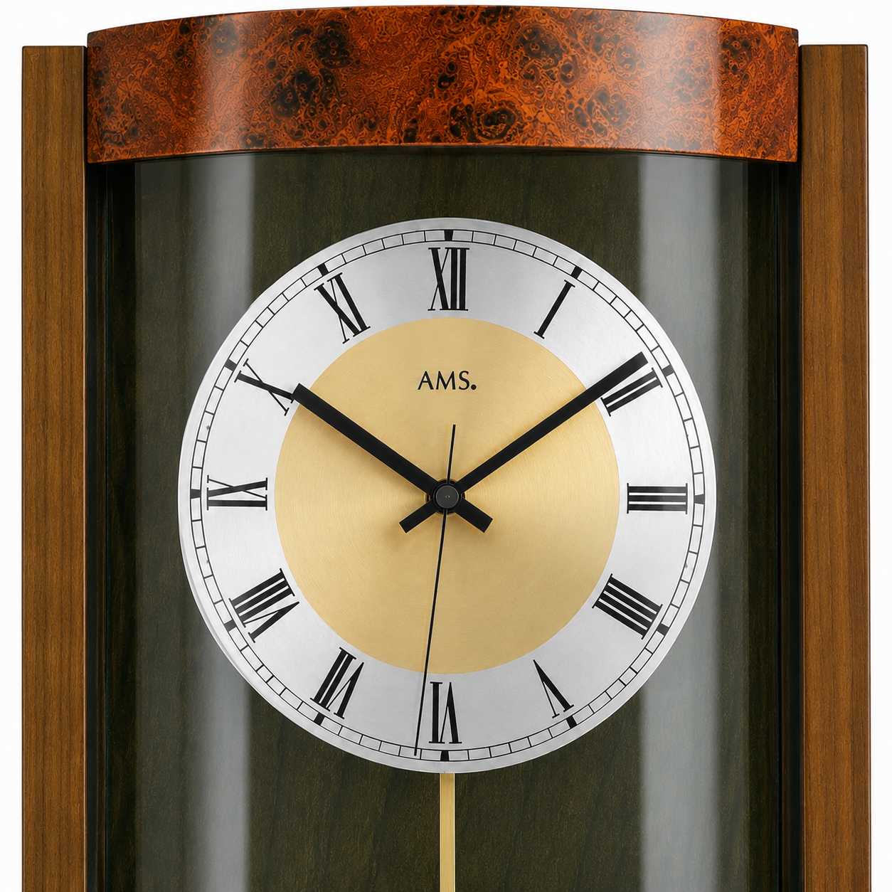 AMS F5087-1 Pendulum Radio Wall Clock with Solid Walnut and Burr Wood Finish