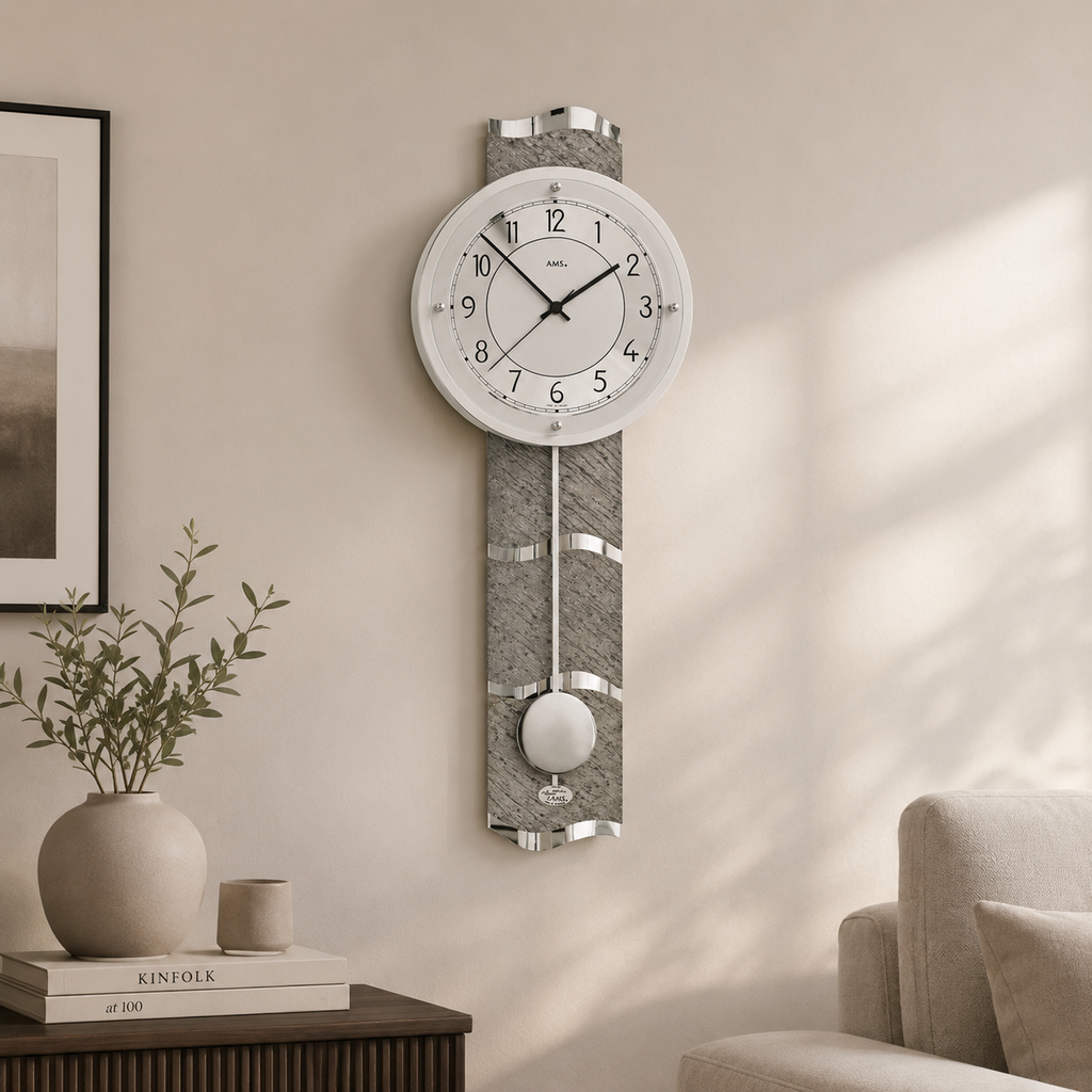 AMS F5216 Pendulum Radio-Controlled Wall Clock with Natural Stone and Aluminum