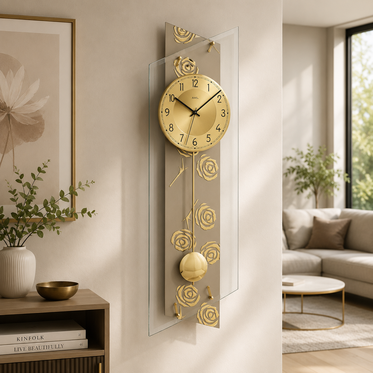 AMS F5223 Pendulum Radio Wall Clock with Aluminum and Rose Decor