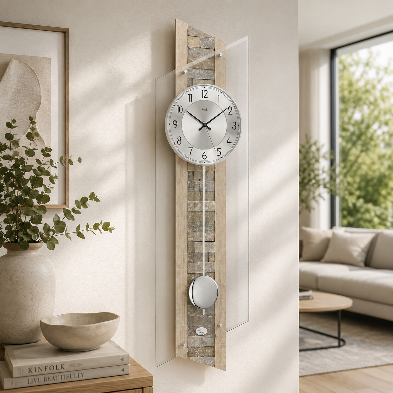 AMS F5224 Pendulum Radio Wall Clock with Sonoma Wood Casing and Natural Stone Inlay