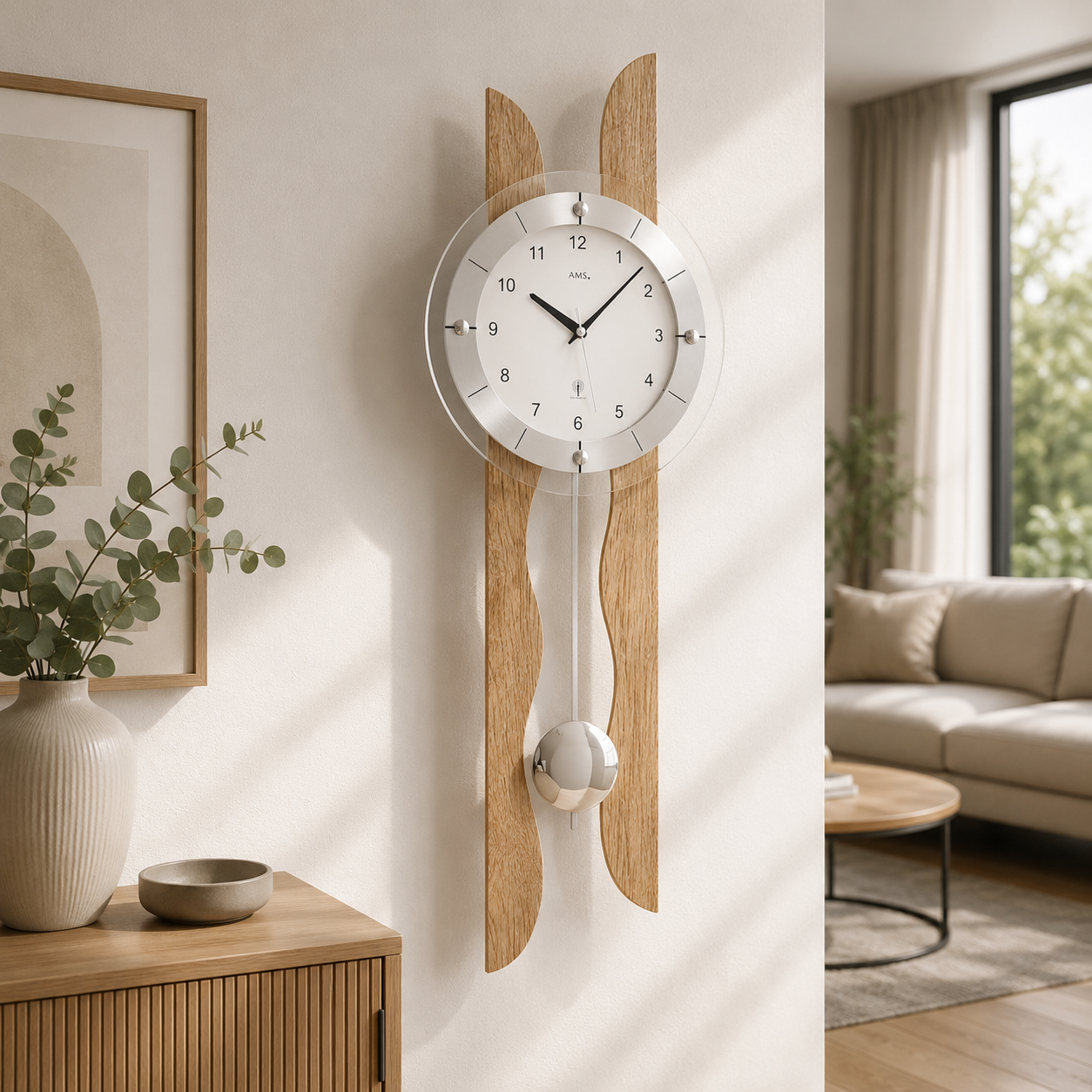 AMS F5239 Pendulum Radio Wall Clock with Oak-Lacquered Wooden Casing