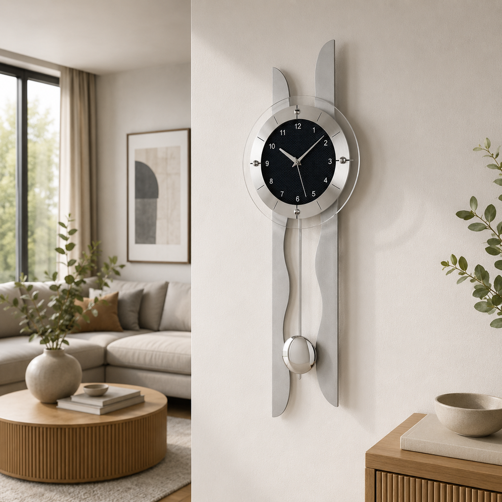 AMS F5243 Radio-Controlled Pendulum Wall Clock with Silver Lacquered Wooden Back Panel