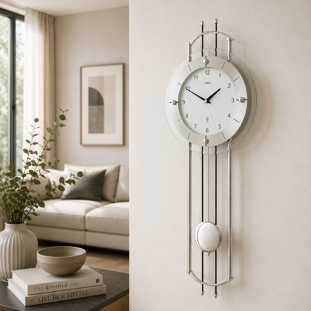 AMS F5248 Pendulum Radio Wall Clock with Lacquered Metal Rods
