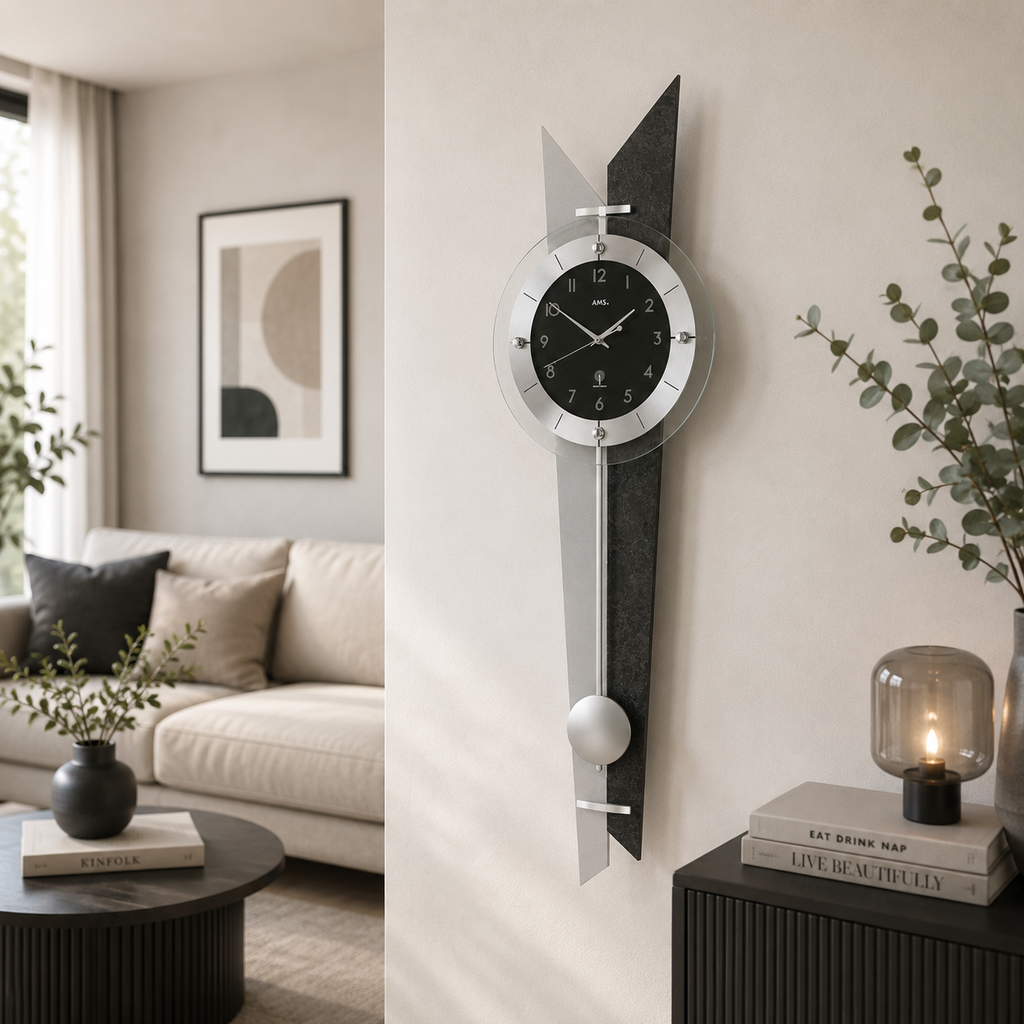 AMS F5253 Pendulum Radio Wall Clock with Wooden Back Panel and Aluminum Applications