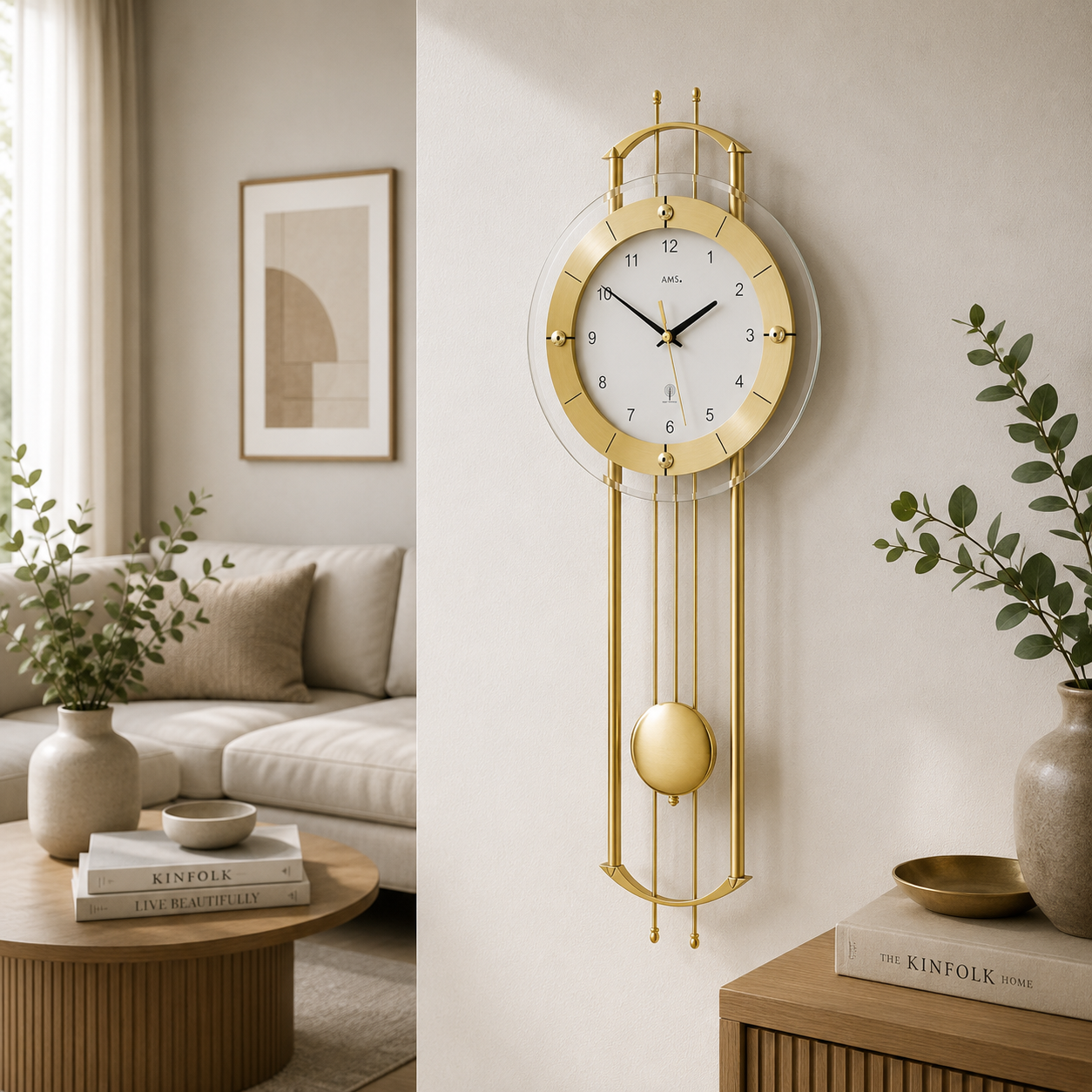AMS F5257 Radio-Controlled Pendulum Wall Clock with Lacquered Metal Rods