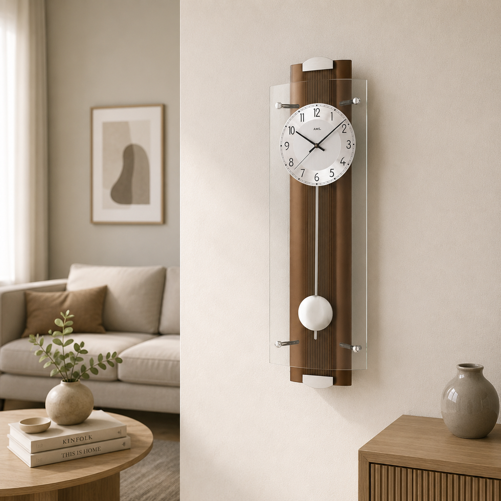 AMS F5259-1 Pendulum Radio Wall Clock with Solid Walnut Back Panel