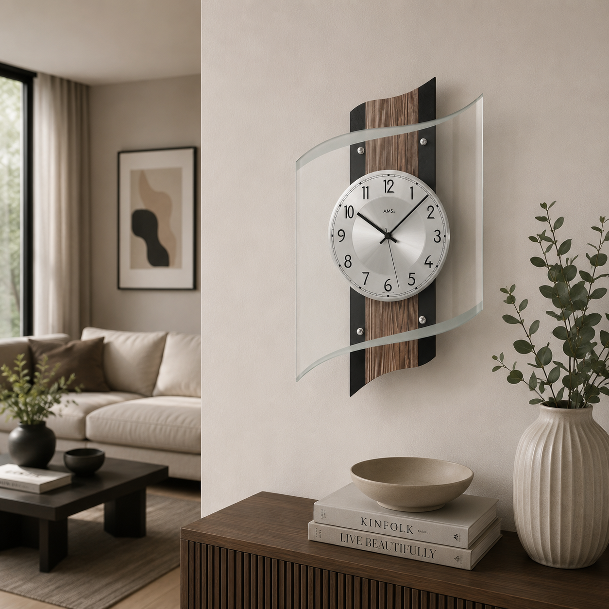 AMS F5519 Radio-Controlled Wall Clock with Fossil-Structured Aluminum Finish