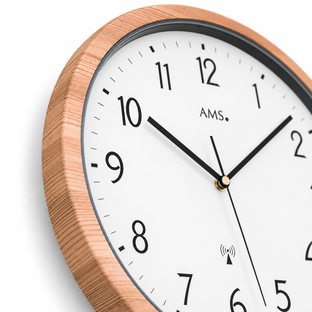 AMS F5576 Radio-Controlled Wall Clock with Wood-Look Plastic Casing