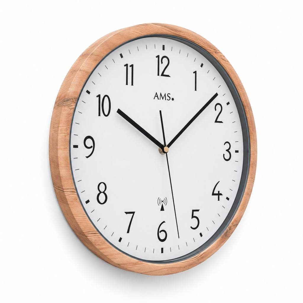 AMS F5576 Radio-Controlled Wall Clock with Wood-Look Plastic Casing