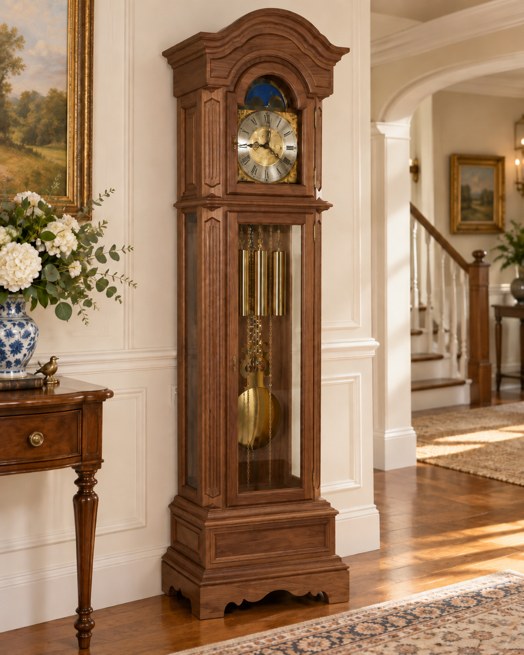 Astra Design 210-10N Standuhr „Schlosspalais“ aus massiven Nussbaum - wahlweise auch in Eiche oder Kirsche