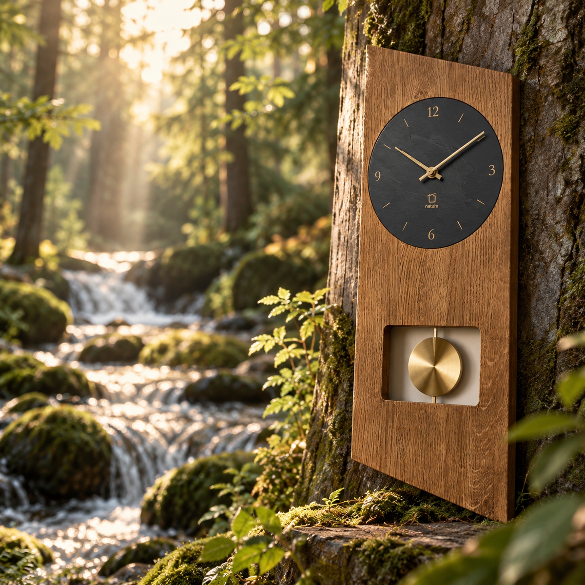 Natuhr clock detail combining solid wood and natural materials