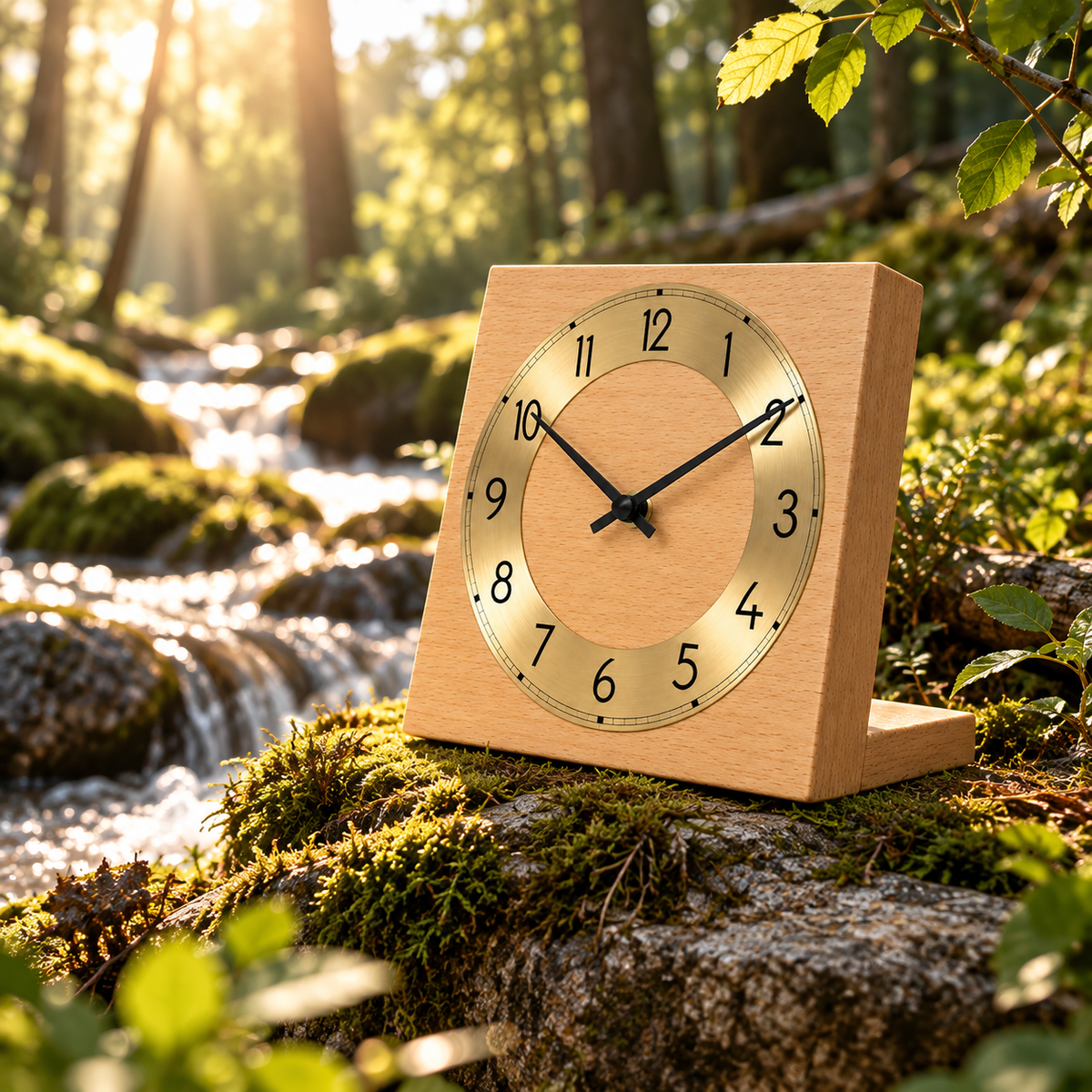Natuhr solid wood table clock with brass dial in a natural forest setting