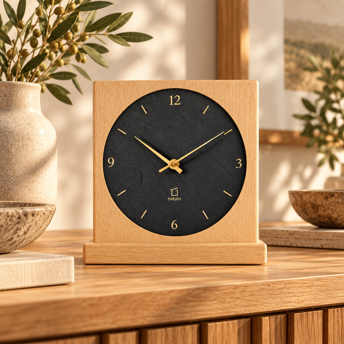 Natuhr table clock in light solid wood with black slate dial and gold-tone hands