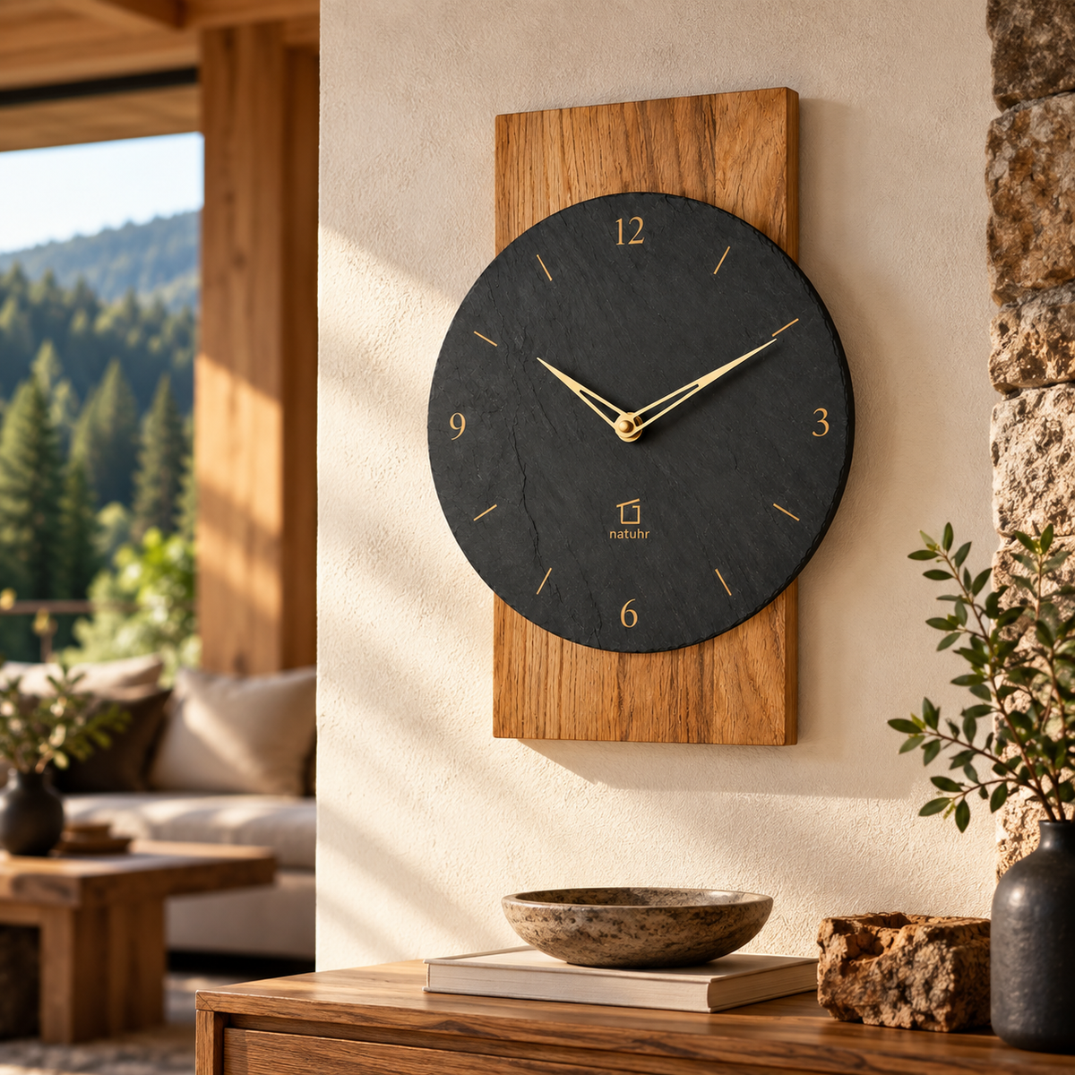 Natuhr wall clock made from solid wood and genuine slate with gold-tone hands