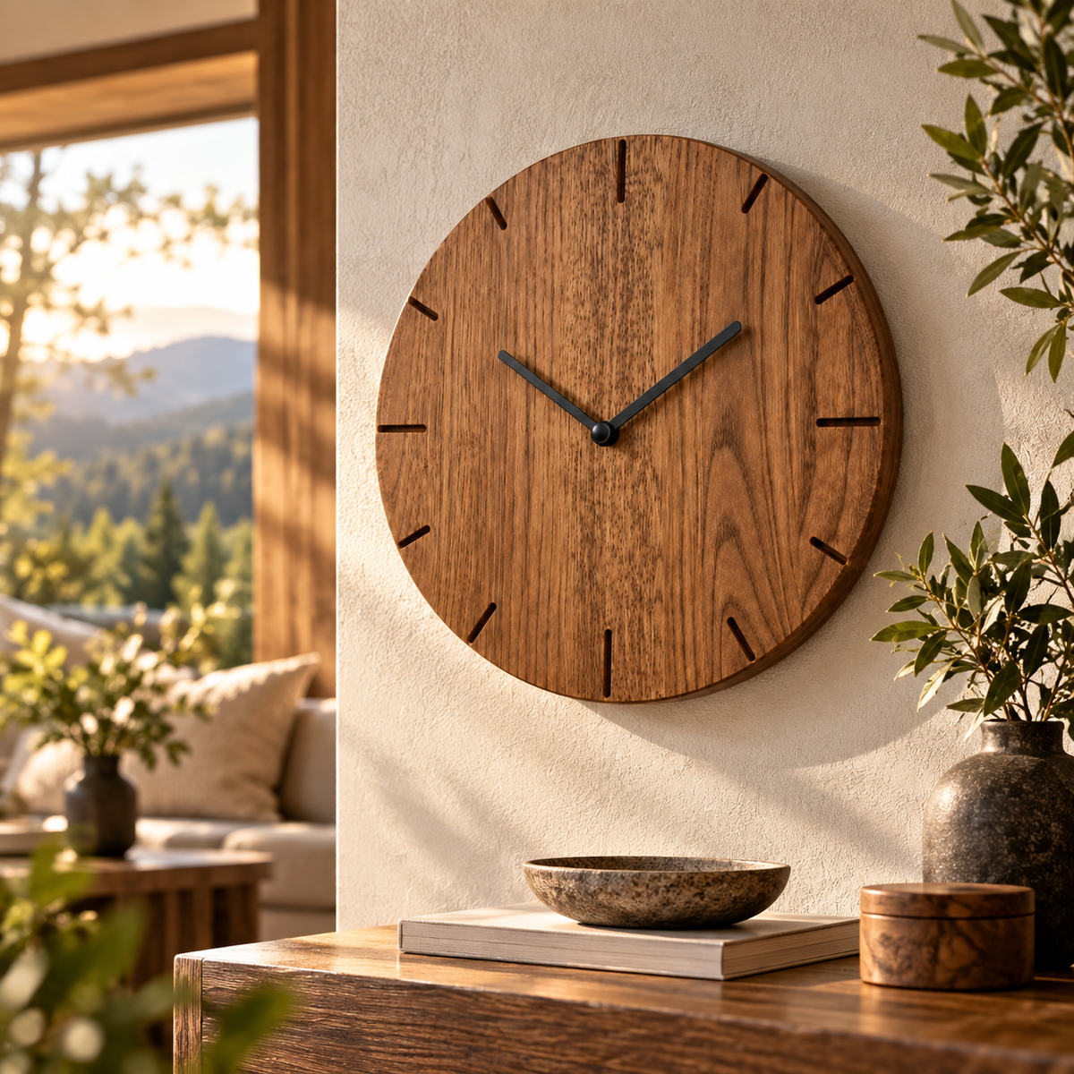 Round Natuhr solid wood wall clock in a modern natural interior