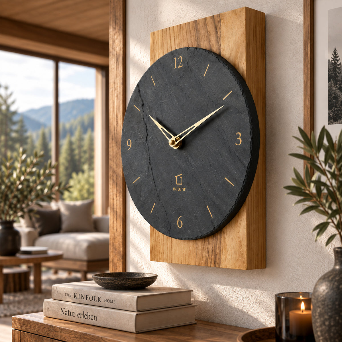 Natuhr W8000 Steineiche Quarzwanduhr aus Massivholz Eiche mit Schiefer
