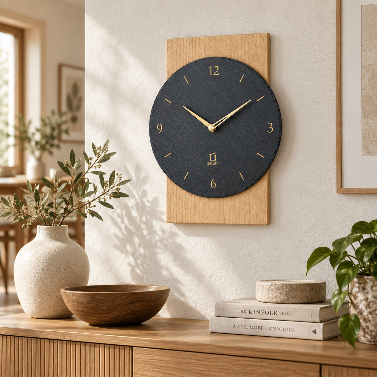 Natuhr W8000B Steineiche Quarzwanduhr aus Massivholz Buche mit Schiefer