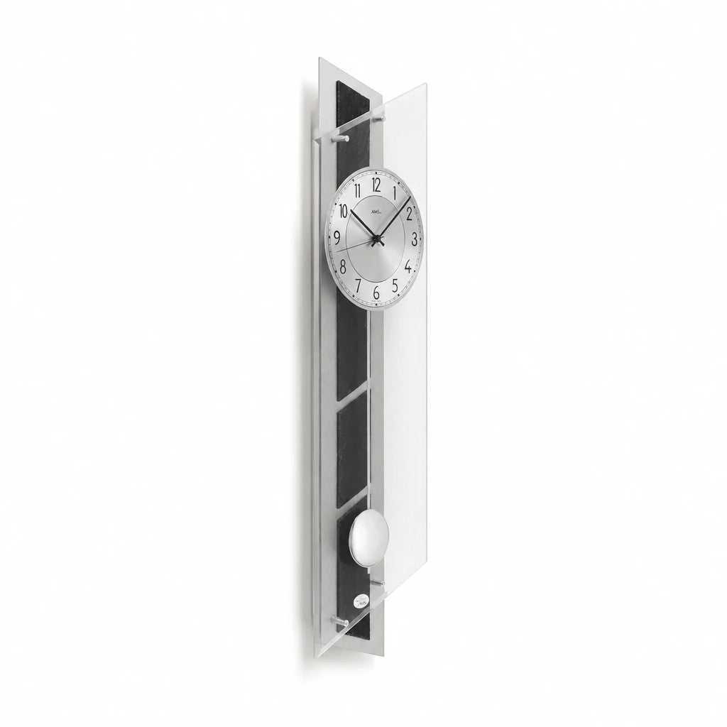 Standuhren.com 🕰️ AMS F5217 Funk-Pendelwanduhr aus Aluminium, Holz und Schiefer in moderner, eleganter Optik.