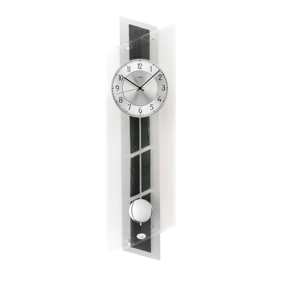 Standuhren.com 🕰️ AMS F5217 Funkwanduhr mit Pendel, Aluminium, Schiefer und Mineralglas in modernem Design