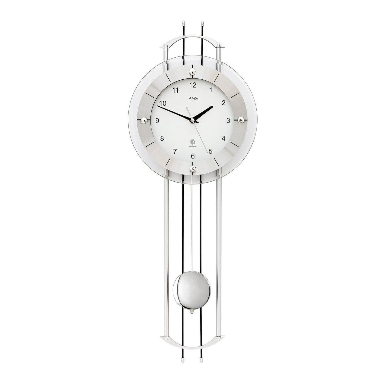 Standuhren.com 🕰️ AMS F5248 Funkwanduhr mit Pendel, Aluminium-Frontreif und modernen lackierten Metallstäben