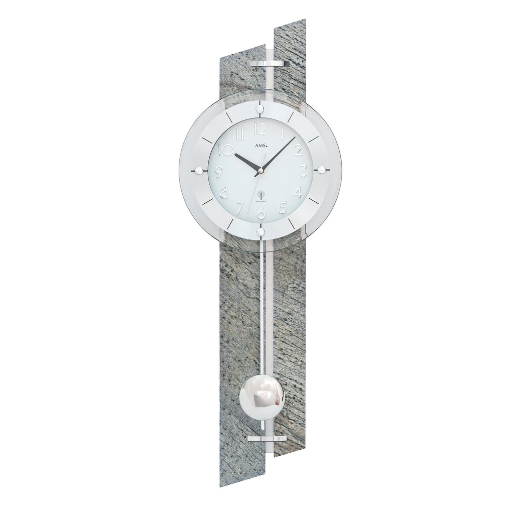 Standuhren.com AMS F5306 Funk-Pendelwanduhr mit Holzgehäuse, grauer Stein-Aluminium-Auflage und facettiertem Mineralglas.