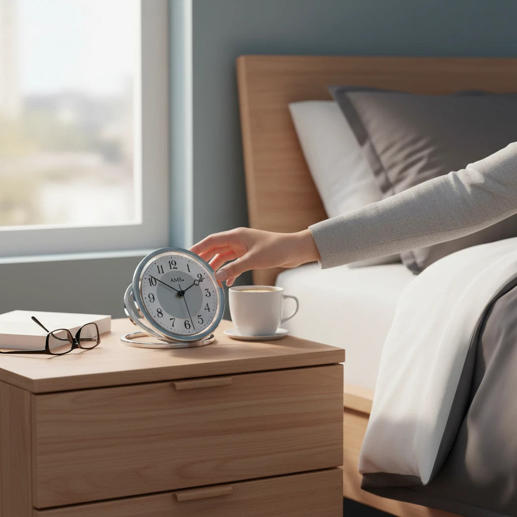 Standuhren.com 🕰️ AMS F5178 Funk-Tischuhr aus Aluminium mit Mineralglas auf einem Nachttisch im Schlafzimmer