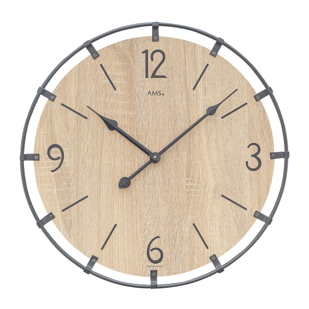Standuhren.com 🕰️ AMS Wanduhr W9616so mit hellem Sonoma-Holz Zifferblatt und modernem, dunklem Metallring