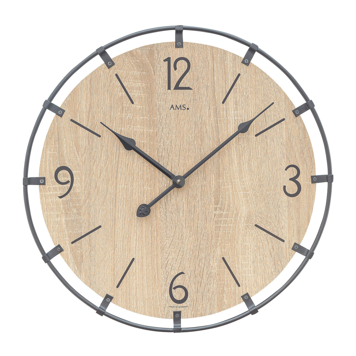 Standuhren.com 🕰️ AMS Wanduhr W9616so mit hellem Sonoma-Holz Zifferblatt und modernem, dunklem Metallring