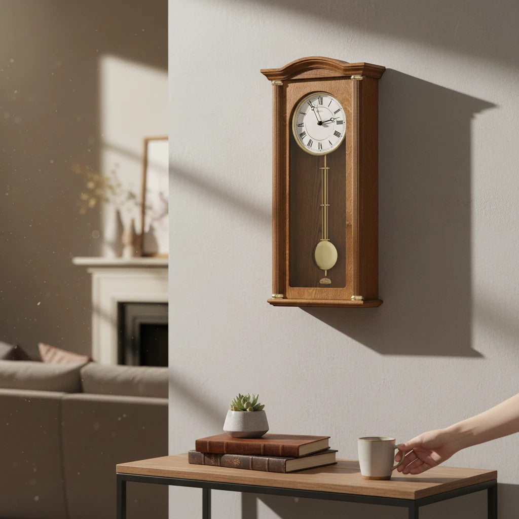 Standuhren.com 🕰️ AMS Funkwanduhr aus Eichenholz mit Pendel, weißem Zifferblatt und klassischem Schlagwerk an der Wand