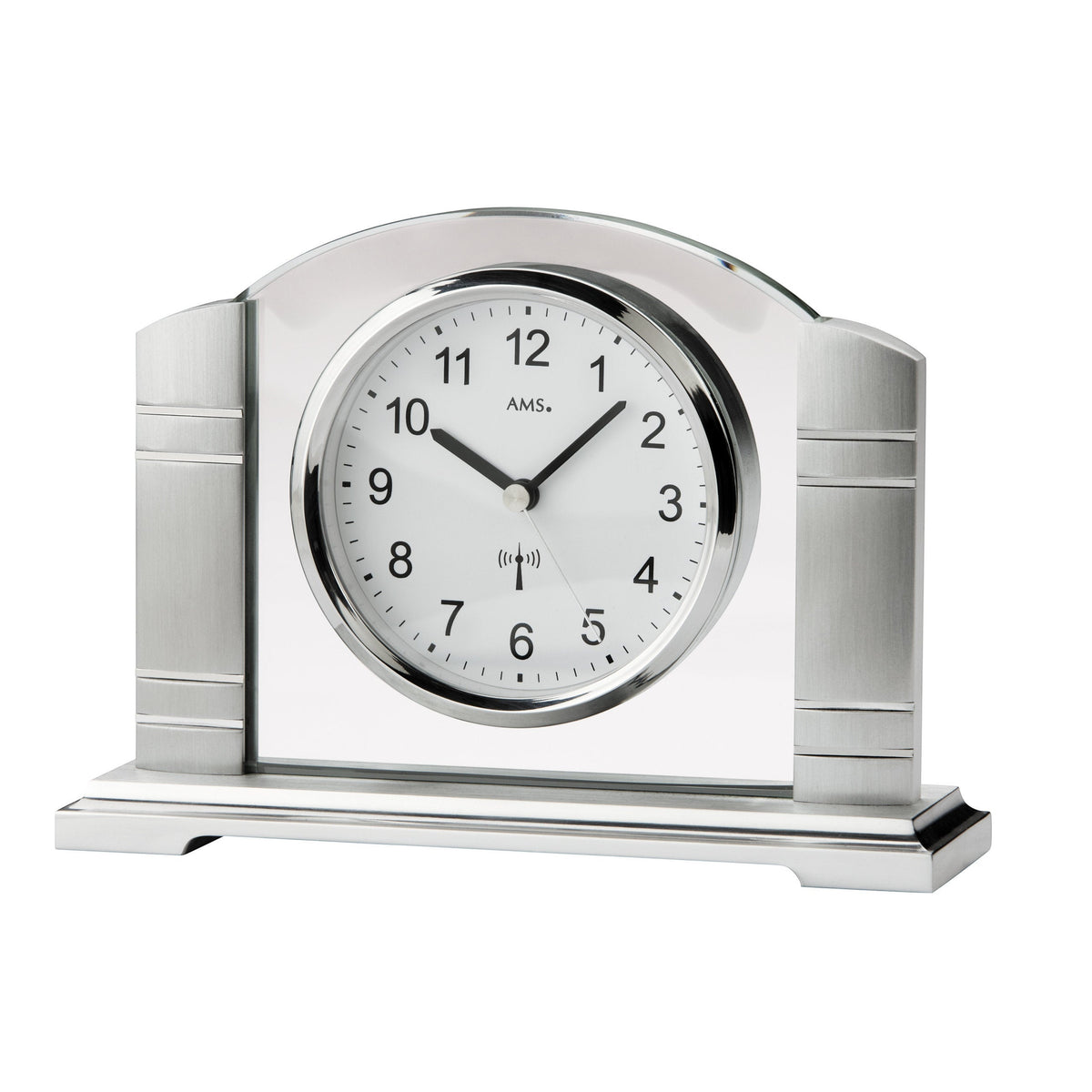 Standuhren.com 🕰️ AMS F5142 Funk-Tischuhr aus gebürstetem silbernen Metall mit Mineralglas und modernem Design