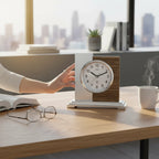 Standuhren.com 🕰️ AMS Funk-Tischuhr aus Holz und Aluminium auf einem Schreibtisch mit einer Hand im Hintergrund