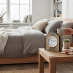 Standuhren.com 🕰️ Funk-Tischuhr AMS F5170 aus Sonoma-Holz mit Natur-Blättern und Swarovski-Kristallen auf einem Tisch