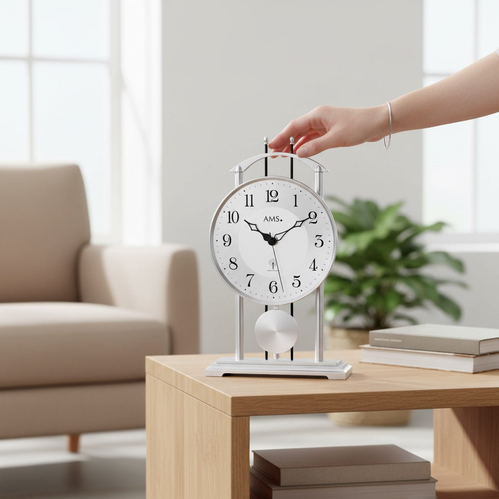 Standuhren.com 🕰️ AMS F5192 Funk-Tischuhr aus silber lackiertem Metall mit Pendel auf einem Holztisch