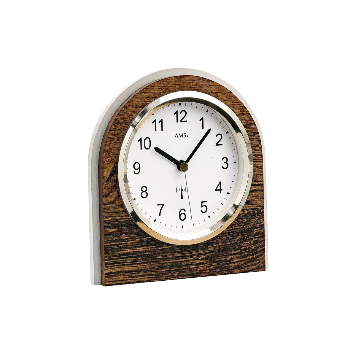 Standuhren.com 🕰️ AMS Funk-Tischuhr aus Wildeiche mit weißem Zifferblatt, Mineralglas und Aluminium-Frontring.