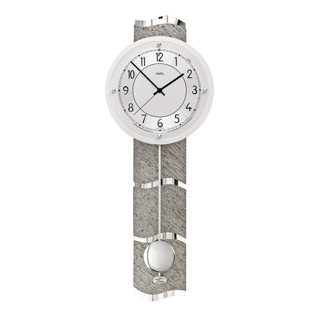 Standuhren.com 🕰️ AMS F5216 Funk-Pendelwanduhr mit geschwungener Naturstein-Rückwand und modernem Aluminium-Zifferblatt