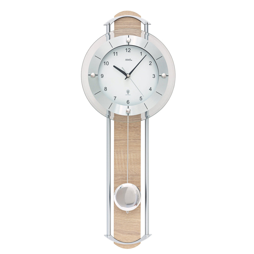 Standuhren.com 🕰️ AMS F5305 Funk-Pendelwanduhr mit Sonoma-Holzeinlage, Metallstäben und modernem Aluminium-Zifferblatt.
