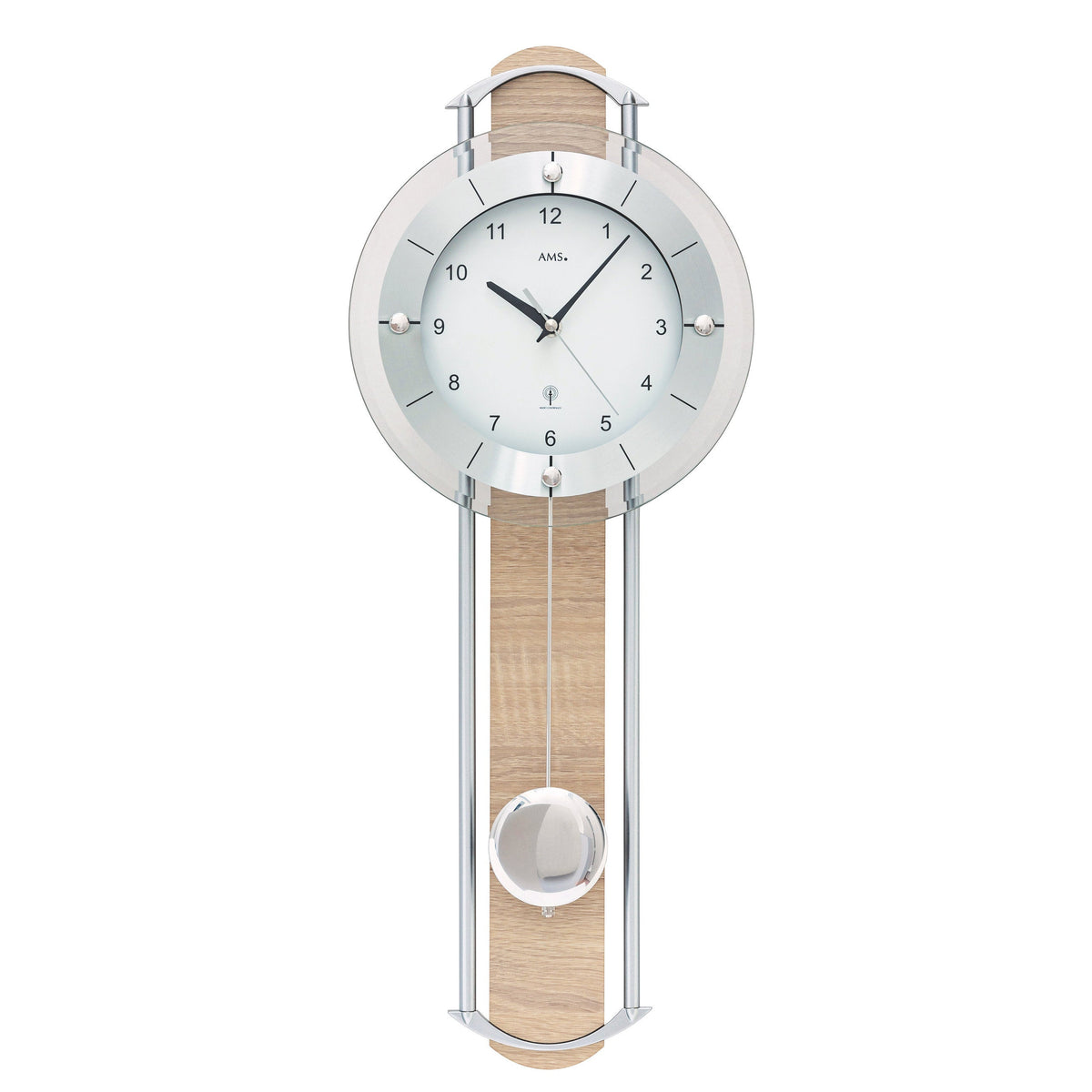 Standuhren.com 🕰️ AMS F5305 Funk-Pendelwanduhr mit Sonoma-Holzeinlage, Metallstäben und modernem Aluminium-Zifferblatt.