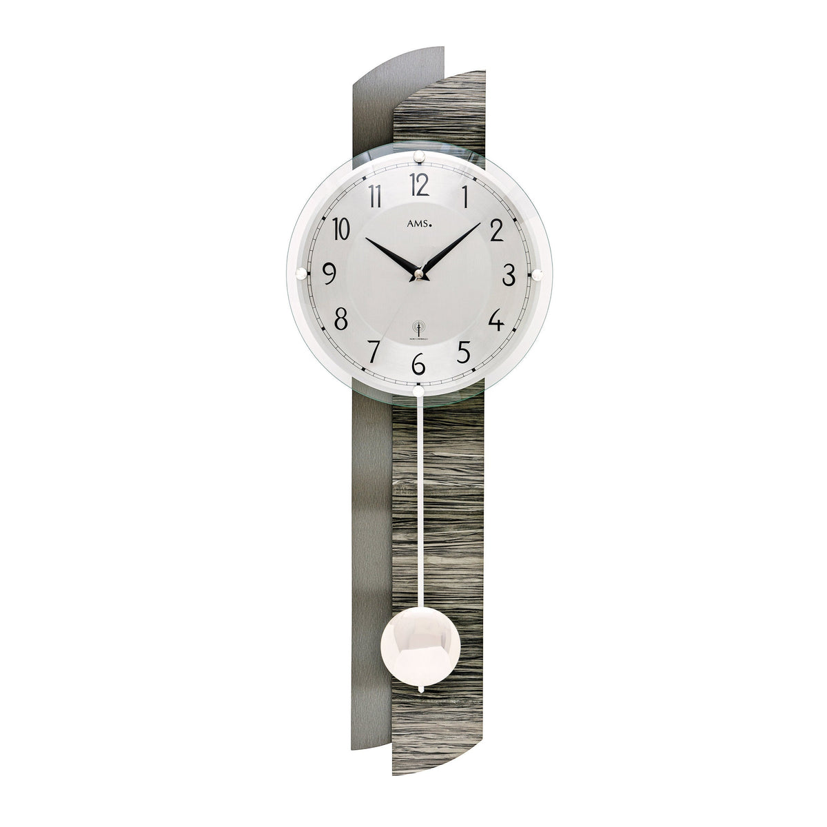 Standuhren.com 🕰️ AMS F5323 Funkwanduhr mit Pendel, Holzgehäuse in Steinoptik und Aluminium-Zifferblatt