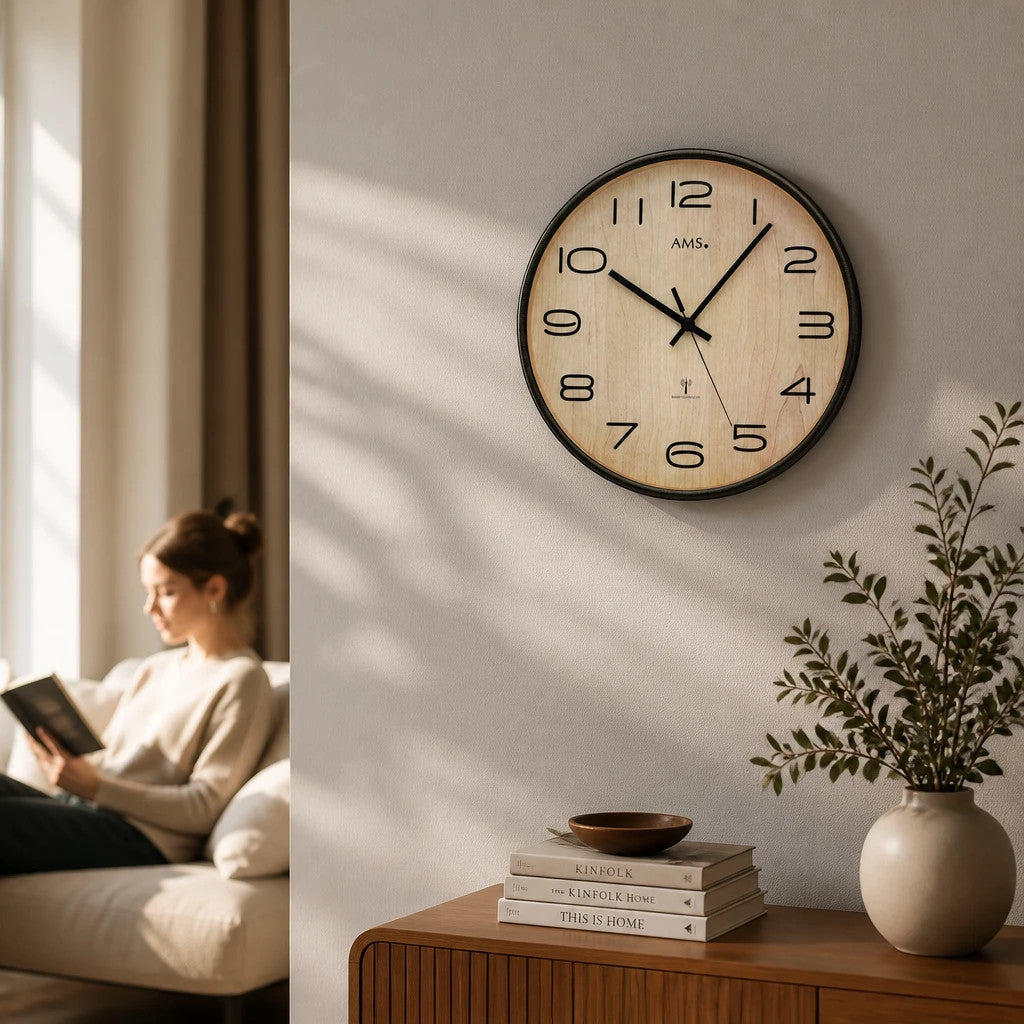 Standuhren.com 🕰️ AMS Funkwanduhr mit hellem Holz-Zifferblatt und anthrazitfarbenem Rahmen in modernem Wohnzimmer