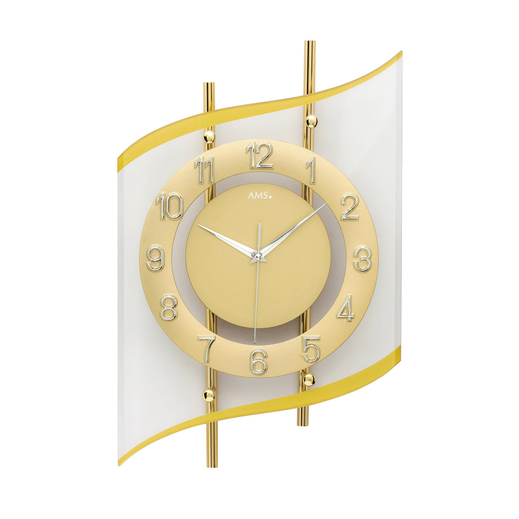 Standuhren.com 🕰️ AMS F5505 Funkwanduhr mit goldlackiertem Metallgehäuse und geschwungenem Mineralglas