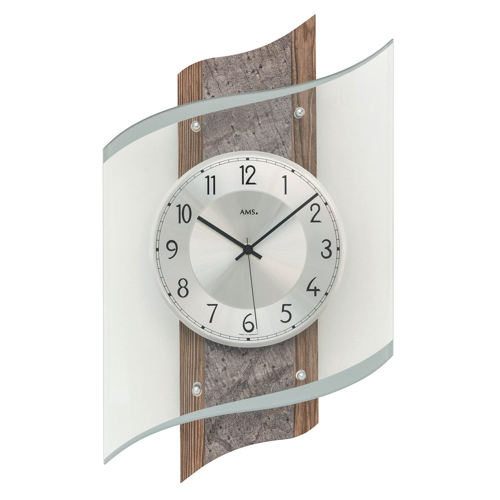 Standuhren.com 🕰️ AMS Funkwanduhr F5518 mit Nussbaumdekor, Naturstein-Elementen und geschwungenem Mineralglas.